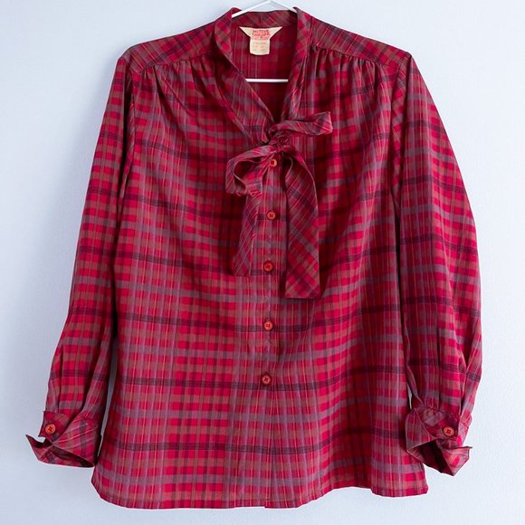 Vintage Mister Leonard  by Len Wasser Silky Red Plaid Button Blouse Faux Tie 10 - Picture 6 of 9